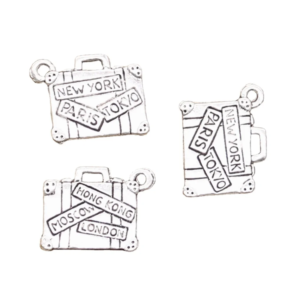 10pcs Charms Travel Bags New York Paris Tokyo 15x13mm Antique Silver Color Pendants Making DIY Handmade Tibetan Finding Jewelry