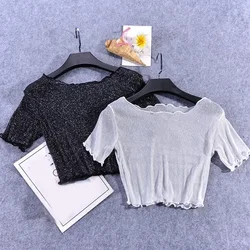 Tunic Crop Tops Shirt Tees T-Shirt Summer Lace Women Half Length T-shirts See Through Shinny Mesh Crop Tops Womens Blouses