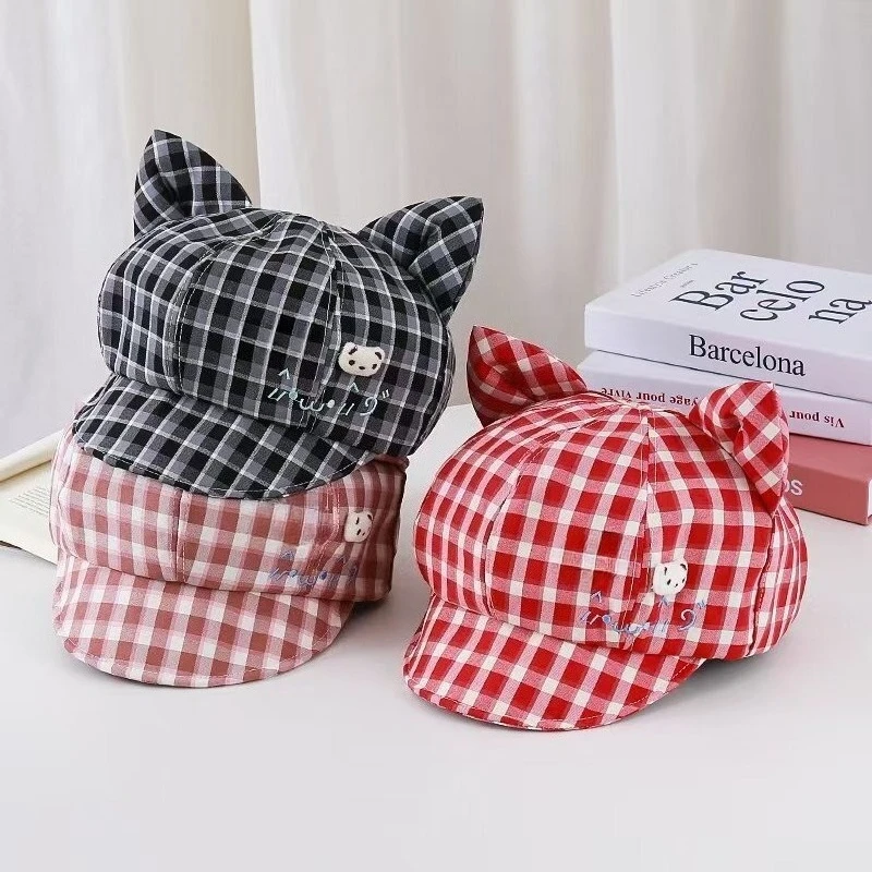 

Japanese-style Small Bear Checkered Cartoon Ears Octagonal Hat Women's Light Summer Cap with Brim