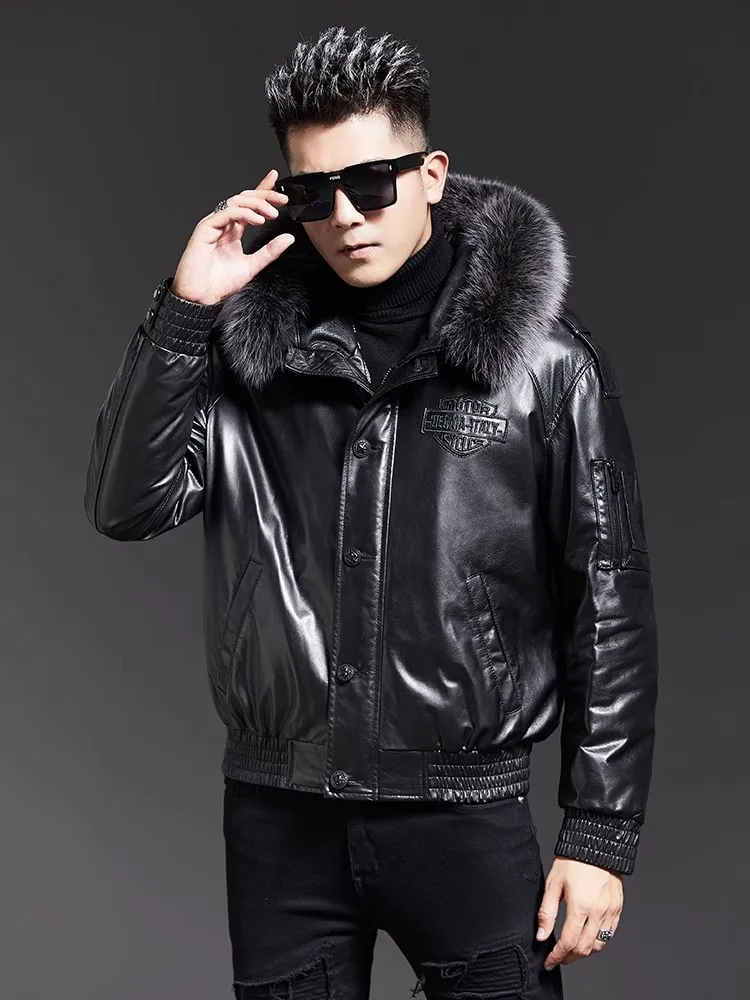 Fashion Mens Winter Fox Fur Collar Hooded Sheepskin Genuine Leather Down Jacket Warm Business Casual Work Bomber Jacket Overcoat
