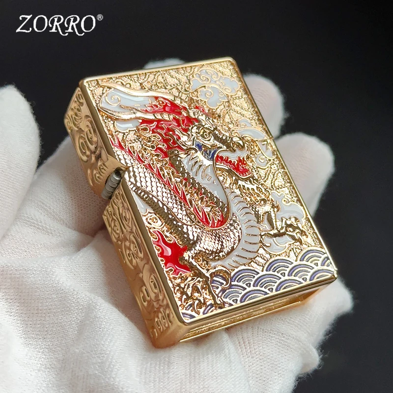 Zorro Embossed Dragon Kerosene Lighter Personalized Creative Floral Design Vintage Brass Lighter High-grade Gift