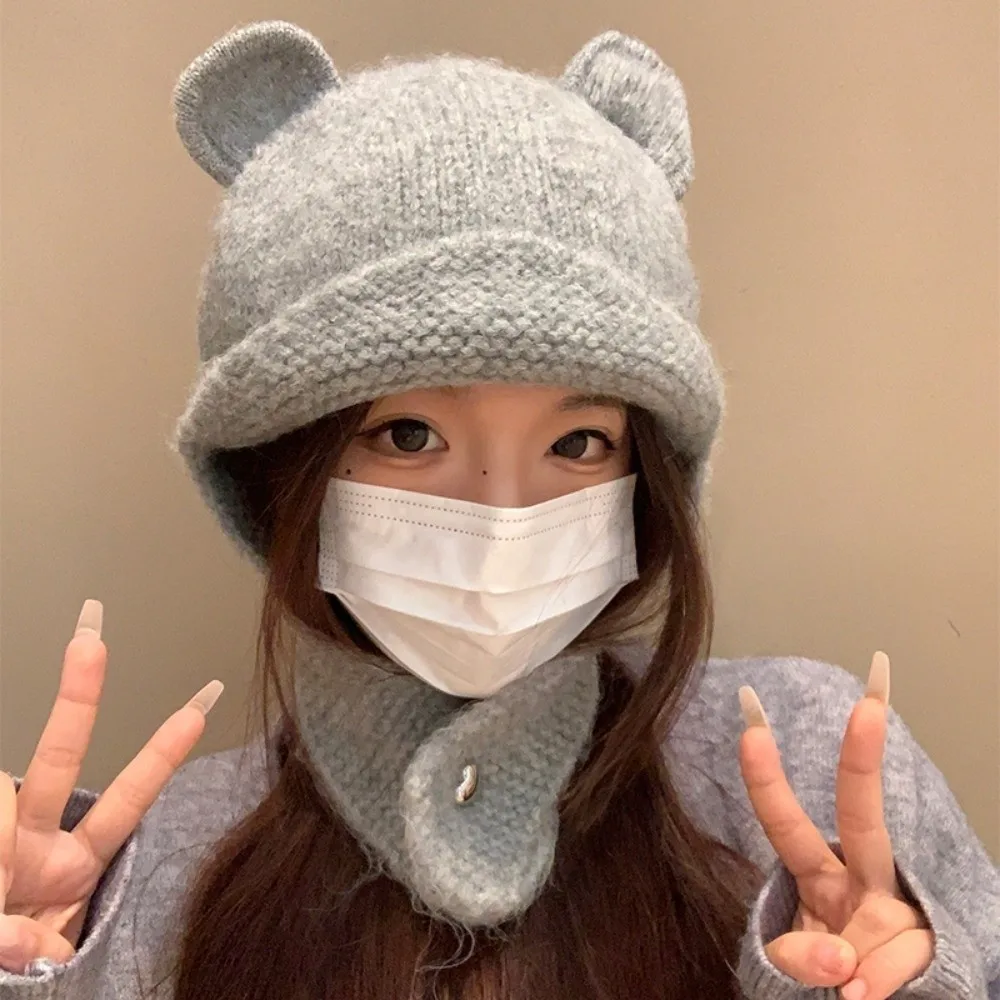 Topi Rajut Telinga Beruang Lucu Modis, Topi Hangat Anti Angin dan Dingin, Pelindung Telinga untuk Wanita