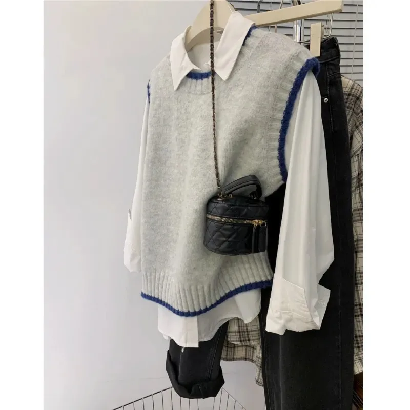 

Women's Early Spring New Arrival 2-in-1 Knit Vest & Striped Shirt Set Spring Autumn Loose Layering Sweater Vest Outwear