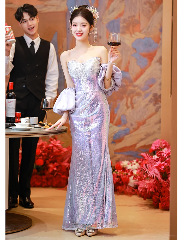 스팽글 인어 긴 이브닝 드레스 여성 우아한 오프 숄더 퍼프 슬리브 백리스 웨딩 파티 드레스 Vestidos De Noche