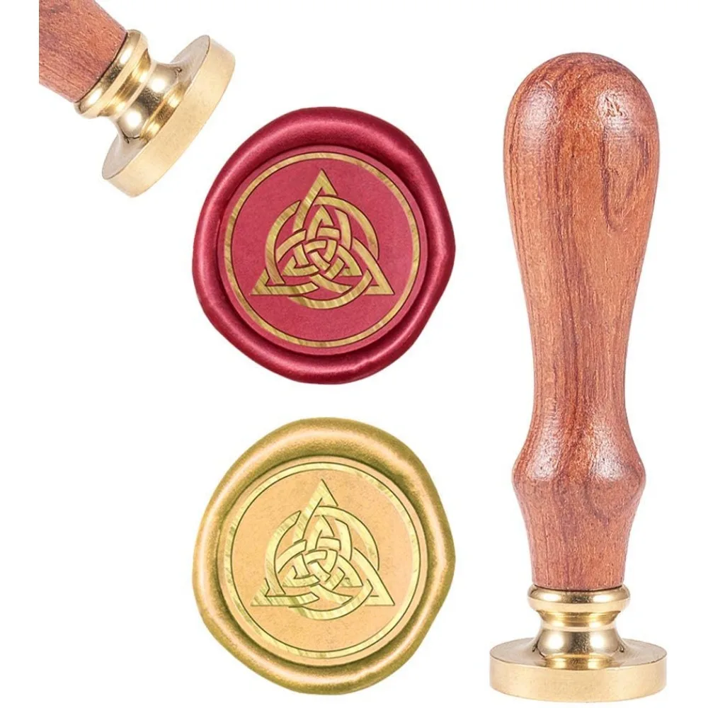 DIY Scrapbook, Brass Wax Seal Stamp and Wood Handle Sets, Trinity Knot/Triquetra, Irish, Golden, 8.9x2.5cm, Stamps: 25x14.5mm