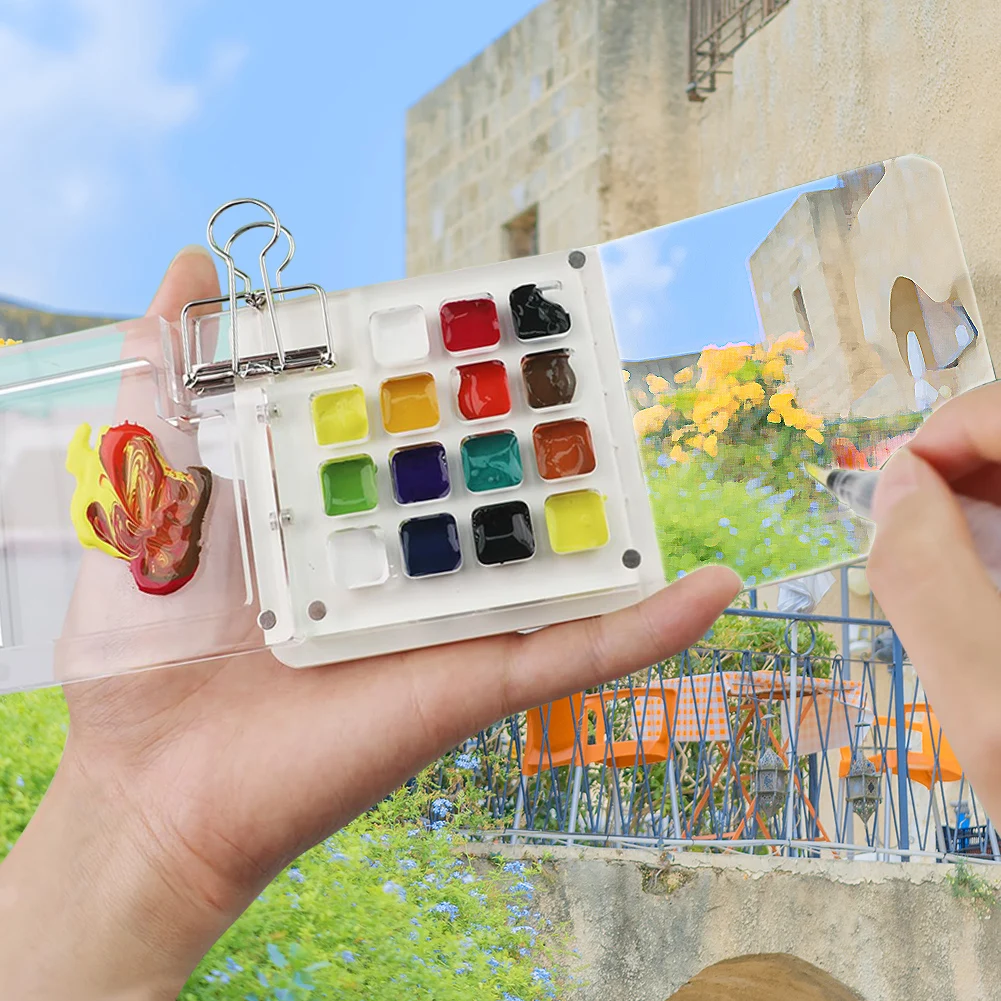 لوحة طلاء للسفر، كتاب رسم بالألوان المائية مع مشبك مجلد، لوحة طلاء ألوان مائية، طقم سفر، صندوق طلاء شبكي من الأكريليك