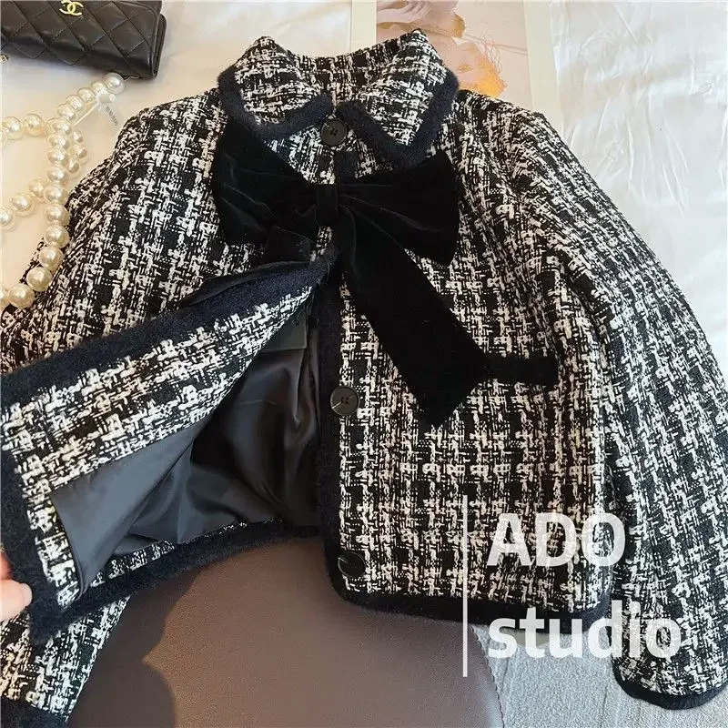 Coarse tweed short jacket for women's autumn 2024 new item Xiaoxiang retro style bow tie jacket top  coats for women