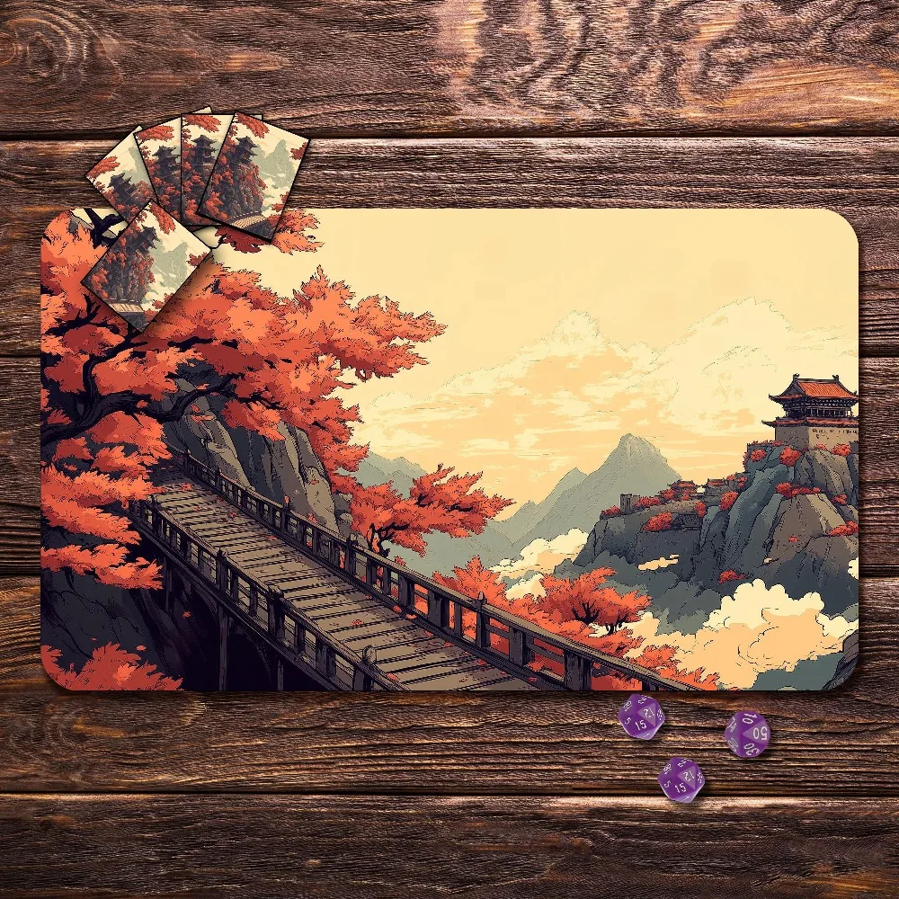Autumn Red Maple Mountain Temple Large Gaming Desk Mat Oriental Anime Landscape Premium Non Slip Rubber TCG Playmat Gift