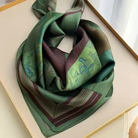 2025 New Green Print Square Scarf Simulated Silk Thin Satin Neck Scarf Elegant Ladies Professional Decorative Small Scarf