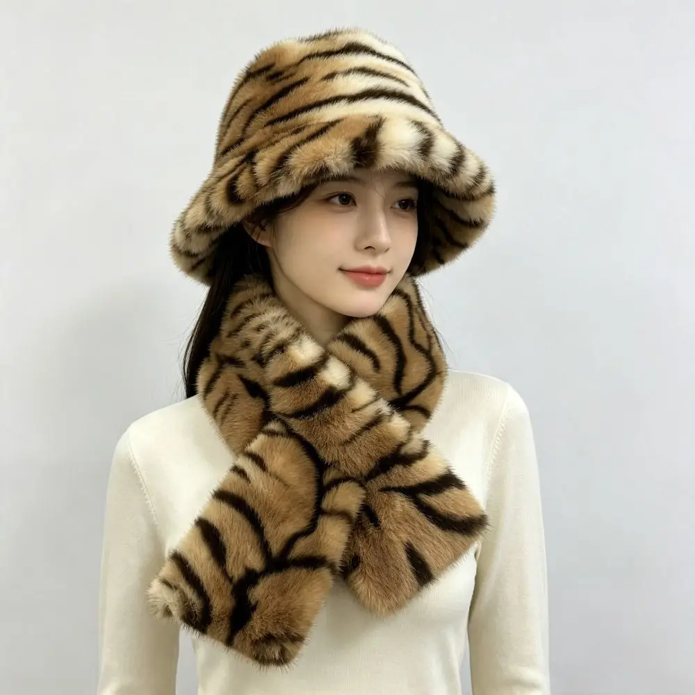 Thick Warm Faux Fur Hat Soft Fluffy Animal Print Mink Fur Bucket Cap Cozy Skin Friendly Washable Plush Neck Warmer