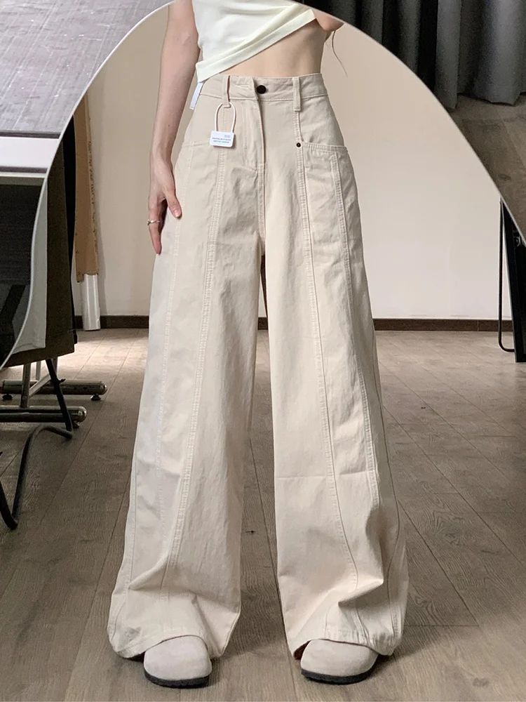 ハイウエストワイドレッグデニムパンツ レディース 春秋 ゆったり ルーズフィット ワークウェア ジーンズ ストレートカット 細見え効果