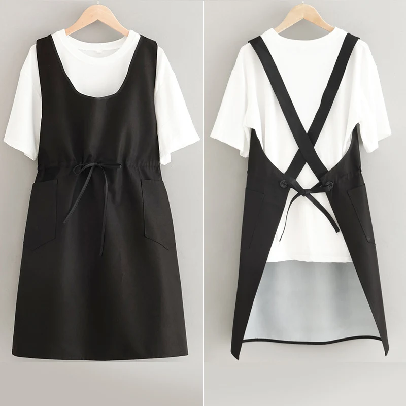 Cross Back Waterproof Woman Apron Dress U Collar Fashion Korean Beauty Nails Salon Waitress Party Restaurant Household Pinafore