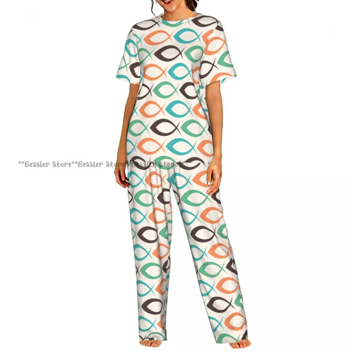 

Retro Fish Pattern Background Pajamas Set Short-sleeved Women Home Clothing