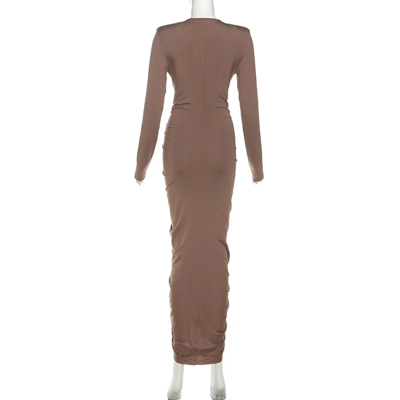 Autumn Women Elegant Sexy Ruffles Ruched Bodycon Maxi Dress Deep V Neck Full Sleeve Slim Party Long Robe Banquet Evening Gown