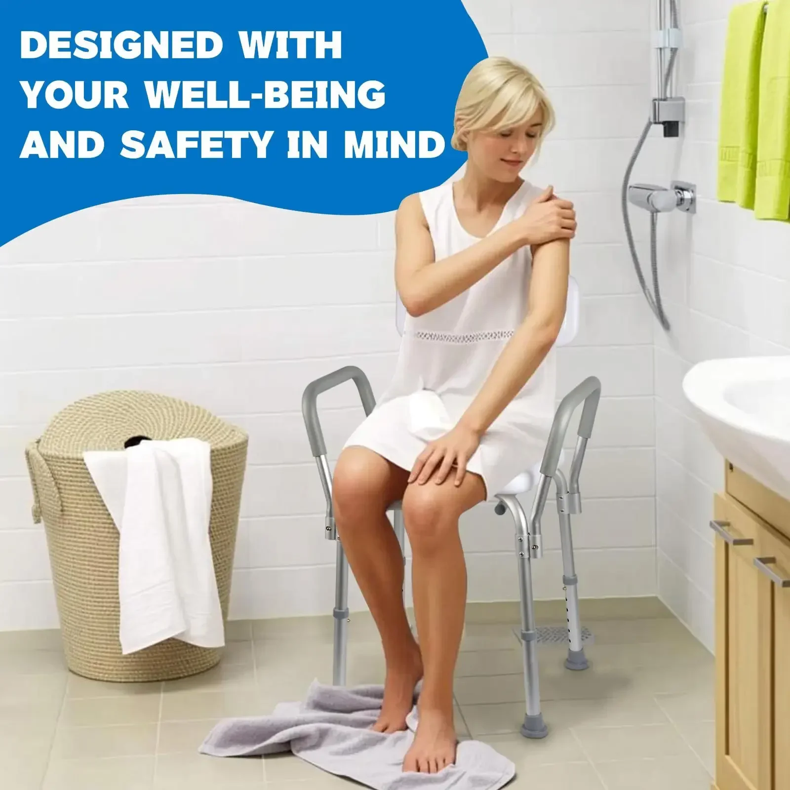 Adjustable Shower Chair with Padded Armrests