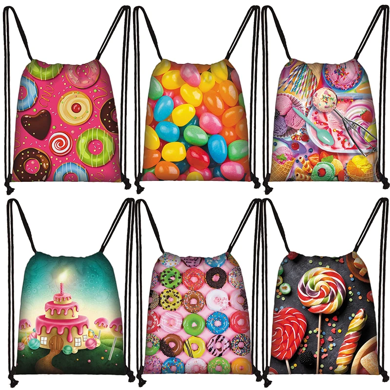 3D Donut Rainbow Lollipop Print Drawstring Bag Women Backpacks Large Capacity Storage Bags for Travel Shoes Holder Book Bag Gift