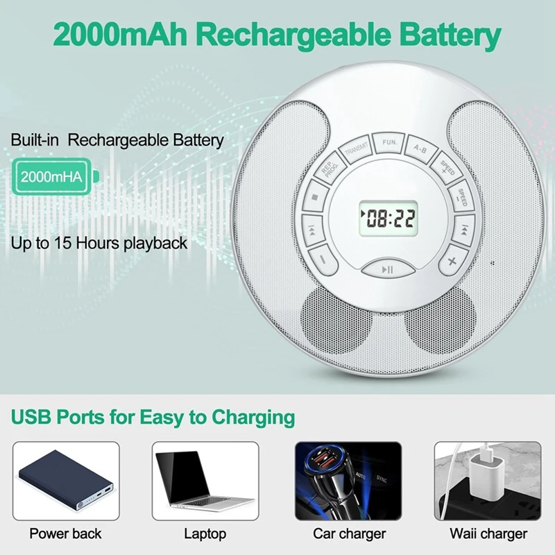 مشغل أقراص مضغوطة محمول جديد، نموذج بلوتوث مزدوج، مشغل USB، مكبرات صوت ستيريو مزدوجة، تكرار A-B، AUX، التحكم في سرعة التشغيل