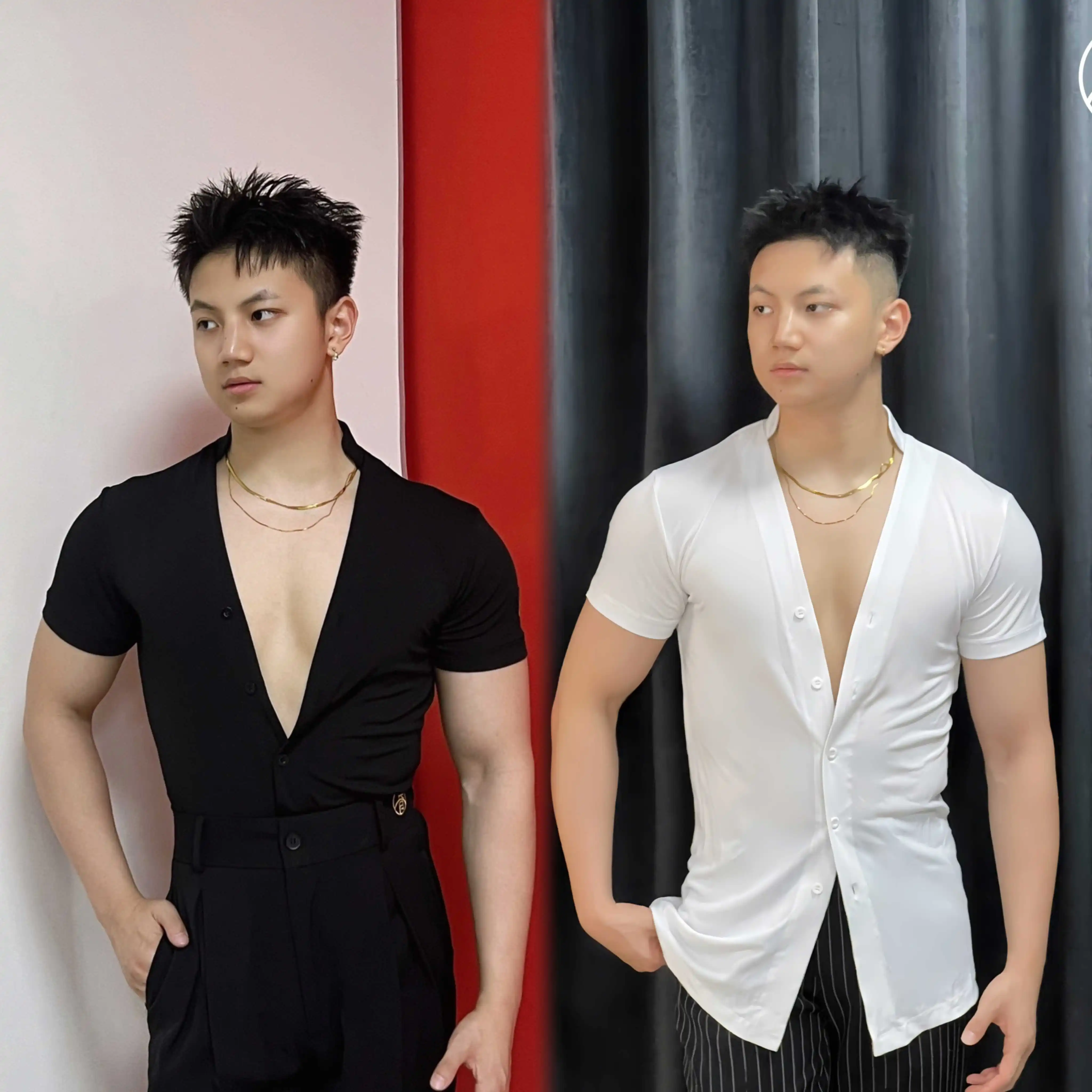 

2025 Latin Dance Clothes Adult Male Short Sleeves Shirts Black White V Neck Tops Men Ballroom Dance Performance Costume DNV24191