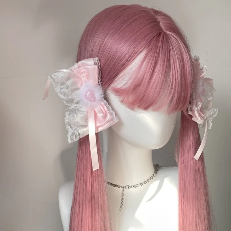 1 par nova lolita artesanal rosa laço arco headpiece pele doce clipe y2k menina amor bowknot duplo rabo de cavalo grampo de cabelo acessórios