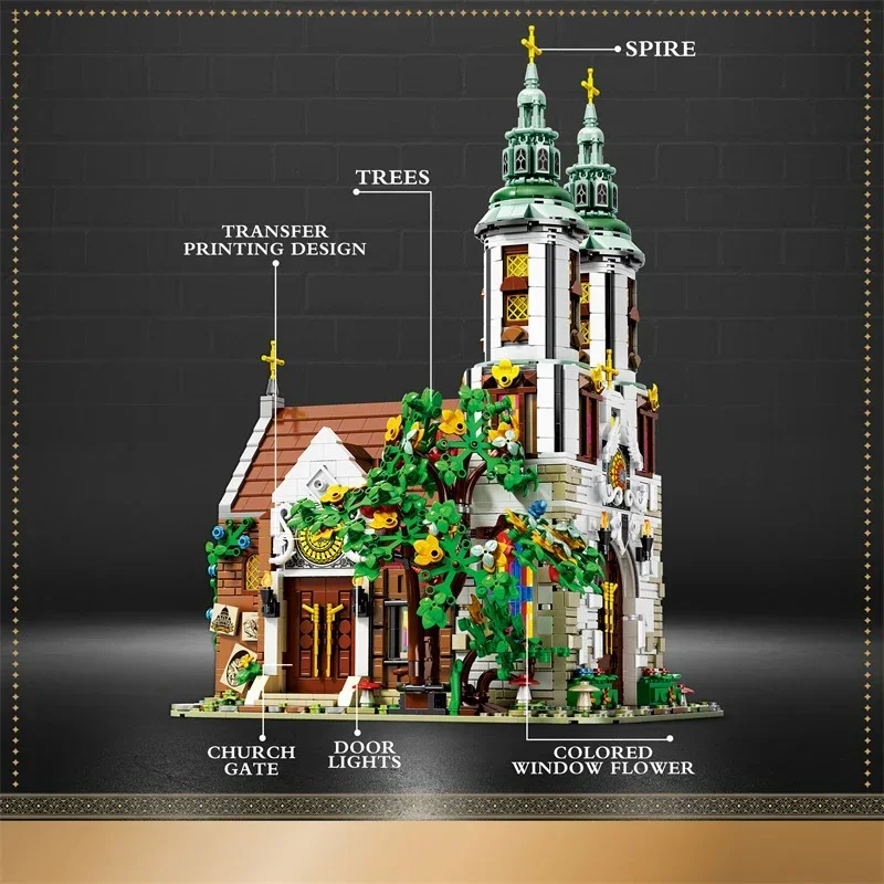 3306PCS St. Andrew's Church Building Block Medieval European Church Model Bricks Set With Light Desktop Decoration Kids Toy Gift