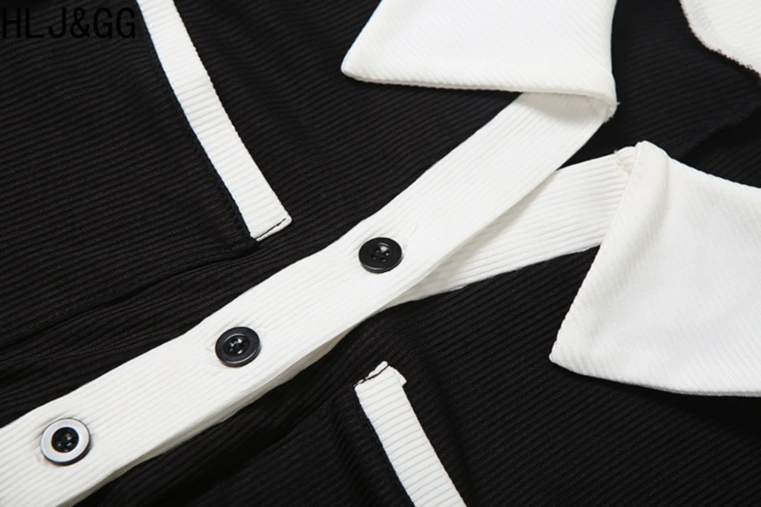 HLJ & GG أسود موضة اللون لصق Bodycon قطعة واحدة ثوب فضفاض للنساء التلبيب زر كم طويل حللا ضئيلة وزرة الإناث 2025 #4