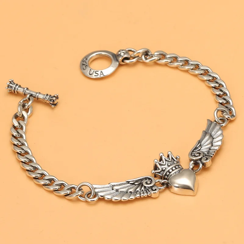 

S925 sterling silver wings Crown heart bracelet female angel wings men and women retro Europe and America trendy unique