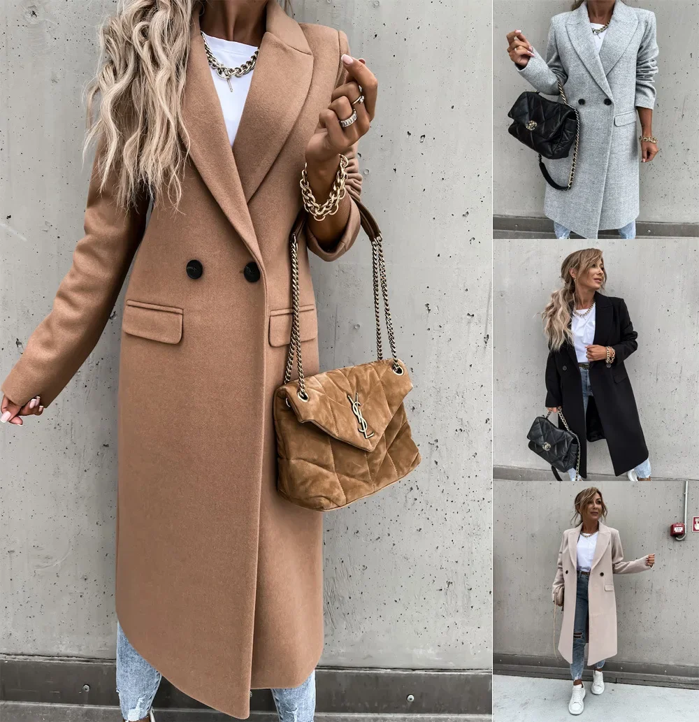 

Autumn Winter Blends Coats Women Solid Color Long Suit Collar Windbreak Woolen Coat Jackets Straight Causal Streetwear Trench