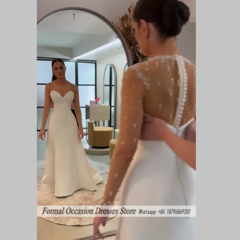 Elegant Wedding Dress Long Sleeves O Neck Satin Beading Pearls A Line Bridal Gowns French Vestido De Novia Customized 2026