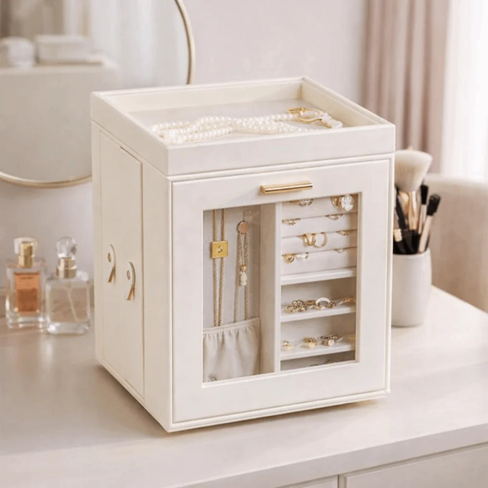 PU Rotating Jewelry Storage Box Vertical Visible Ring Necklace Storage Box with Drawers Dust-proof Jewelry Display Box