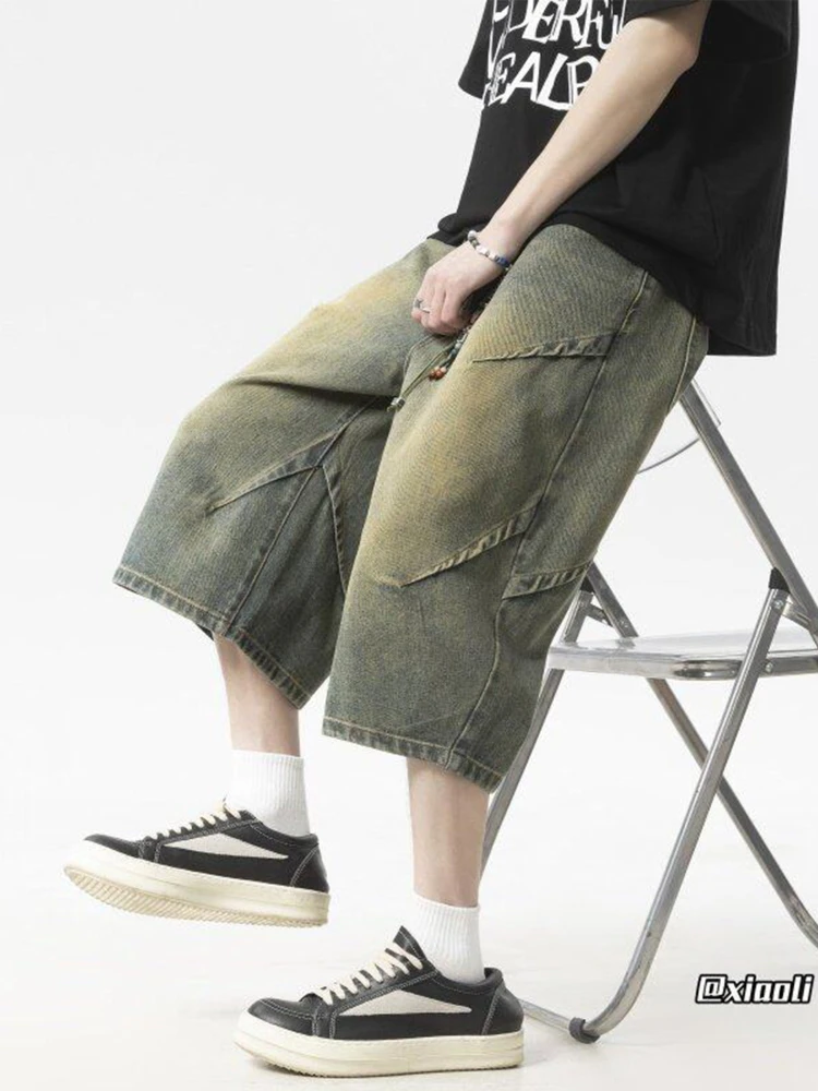 

Мужские джинсовые капри с эффектом потертости, плиссированные, деконструированные, летние шорты, свободные прямые брюки с широкими штанинами