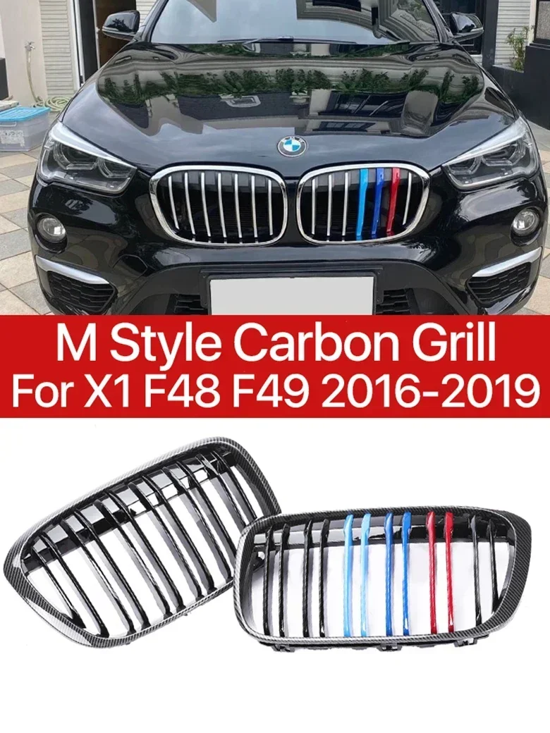 

New! Car Refiting Front Bumper Kindey Inside Grill Double Slat Carbon M Style Grille Cover For BMW X1 F48 F49 2016-2019 XDrive