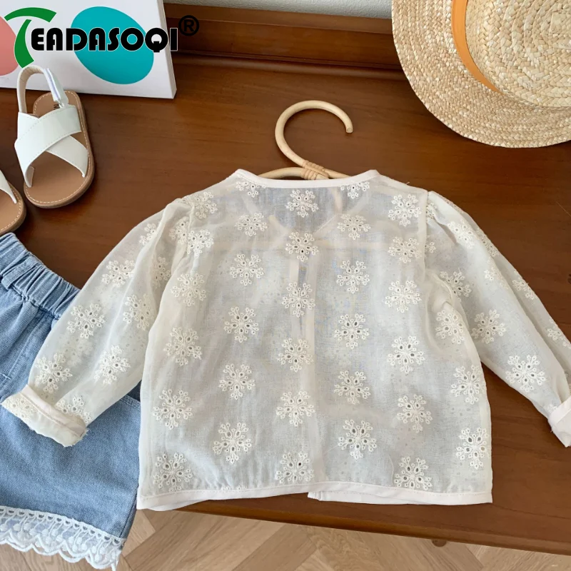 Toddler Kids Girls Floral Air-conditioned Top Thin Outerwear Solid Color Children Hollow-out Cardigan Shirt For Summer Coat 0-6Y