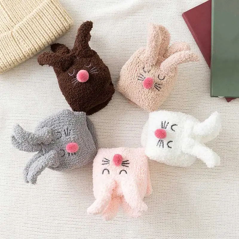 Autumn and winter new sleep socks Japanese three-dimensional rabbit ears coral velvet socks girls home half velvet floor socks