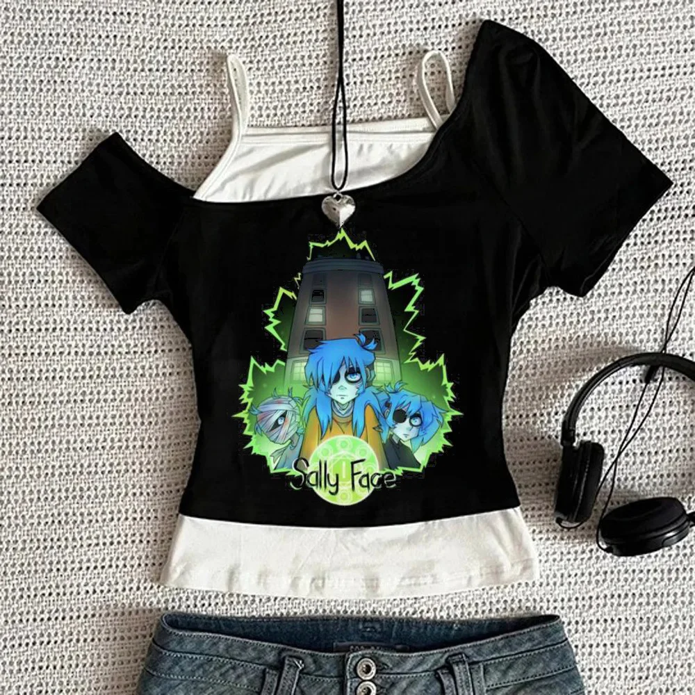 Sally Face cropped top shoujo vintage baddie gothic emo scene  tshirt graphic korean fashion 2000s goth y2k