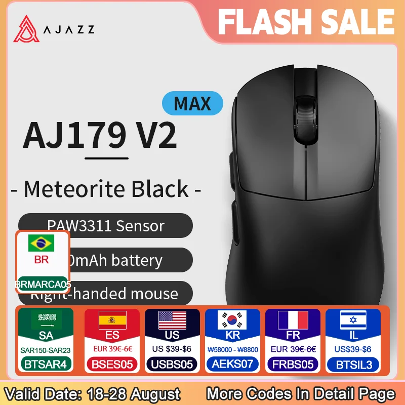 

AJ179 V2 Wireless Triple Mode Right Hand Mouse 3311 Sensor 56g Lightweight 800mAh Battery