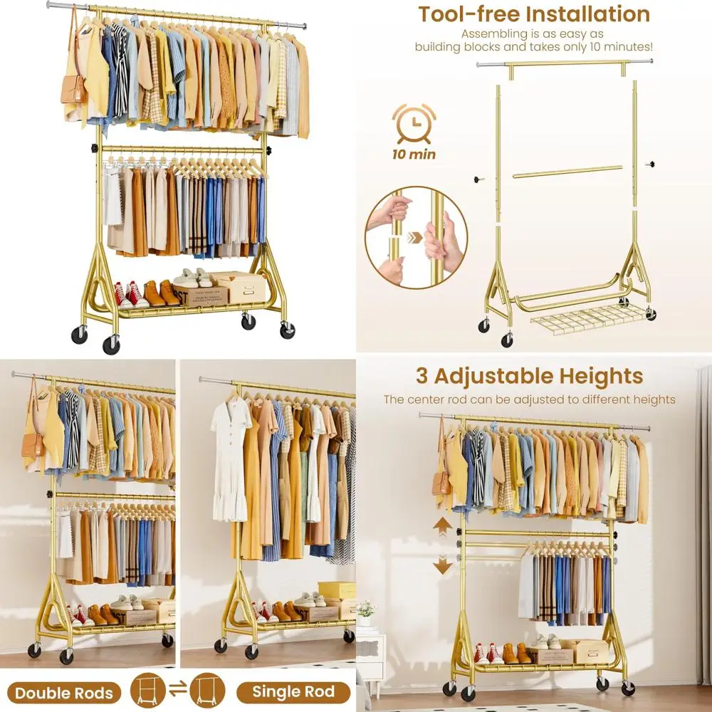 Double Rod Heavy Duty Rolling Metal Garment Rack with Lockable Wheels for Hanging Clothes, Durable Storage Solution