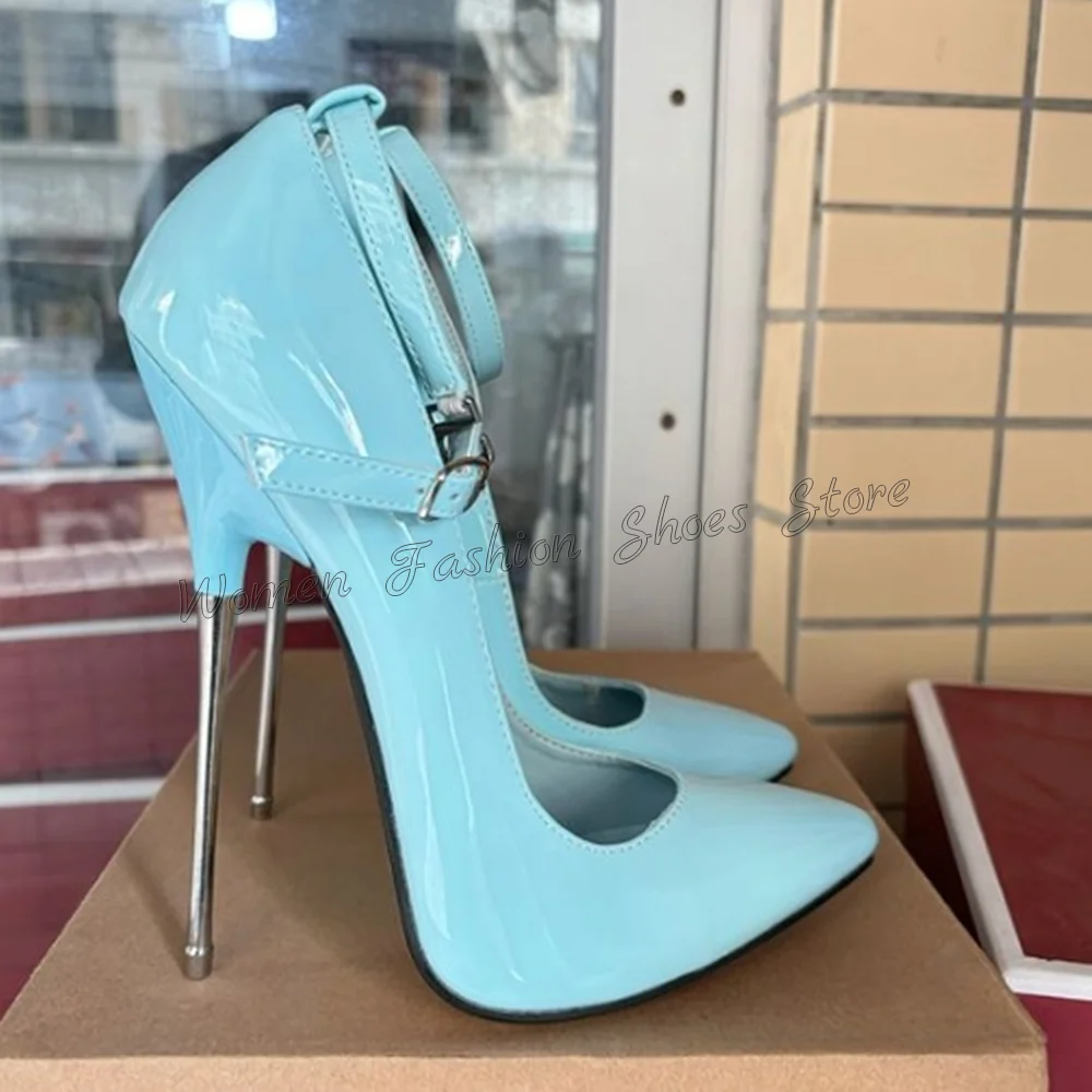 Light Blue Ankle Strap Pointed Toe Pumps Slip on Metal Heel High Heel Shoes for Women Fashion Heels 2024 New Zapatos Para Mujere