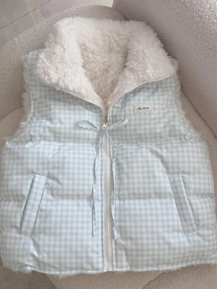 Winter Sweet Puffy Vest Women Fashion Cute Warm Thick Plaid Parkas Jacket Loose Zipper Bow Preppy Style Double Sides Outwear Top