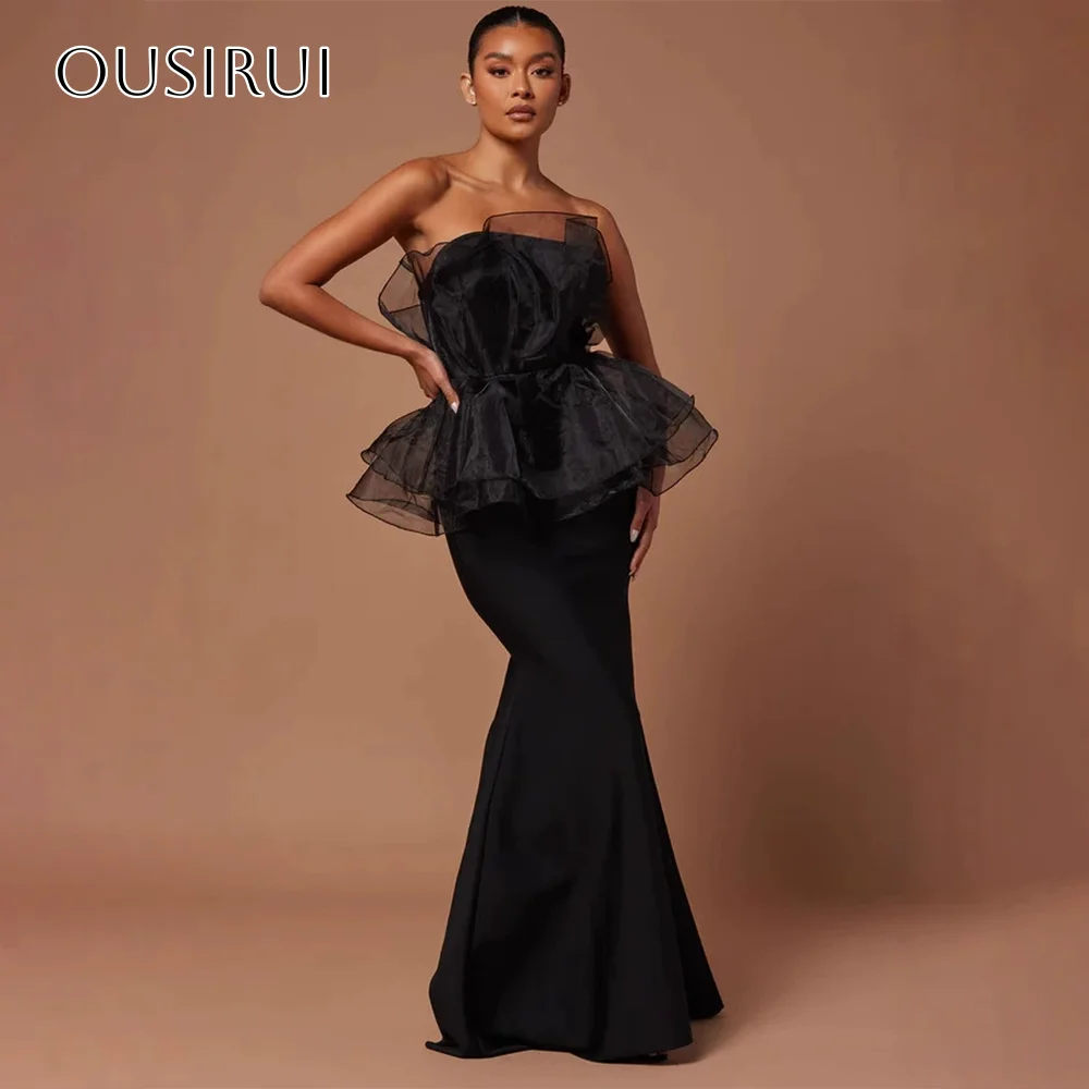 

Strapless Organza Mermaid Evening Gown Satin Sleeveless Floor Length Ruched Customized فساتين حفلة موسيقية