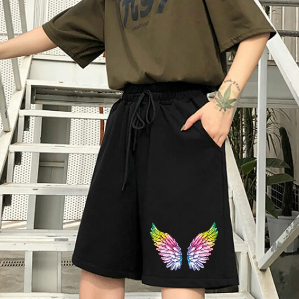 Women\'s Loose Cropped Shorts Feather Printing Harajuku Clothing Sports Pants Fashion Casual Sports Loose Ladies Black Shorts