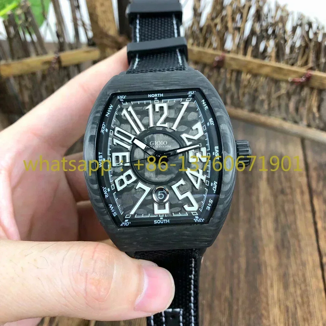 Luxury New Mens Canvas Leather Green Blue Black Fiber Carbon Automatic Mechanical Watch