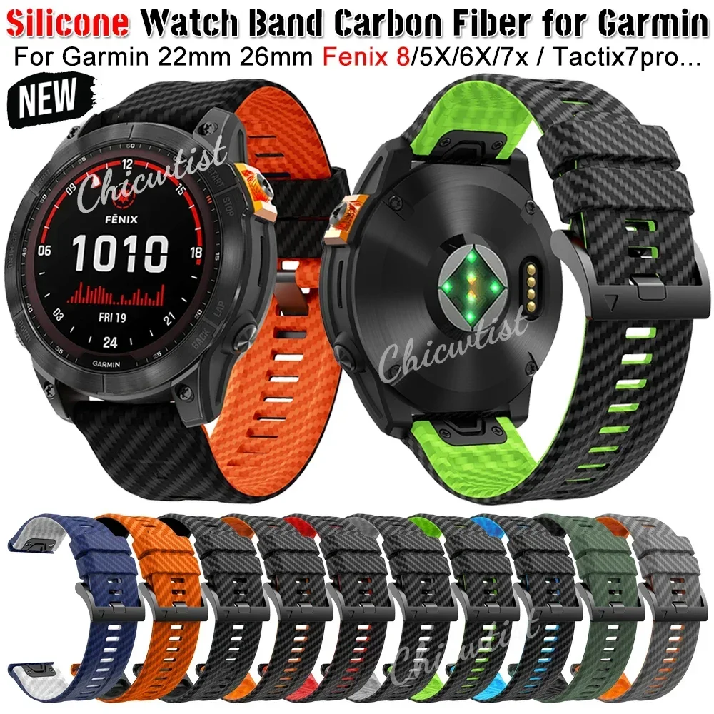 22/26mm Silicone Watch Band Carbon Fiber for Garmin Fenix 8/5X/6X/7x /Tactix7pro Quick Release Loop Strap Replacement for Garmin