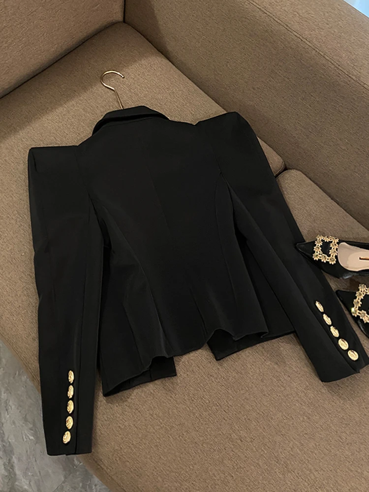 Fashion Fall Winter Spring Shrug Shoulder Coat High Street Basic Solid Long Sleeve Women Black Short Blazer