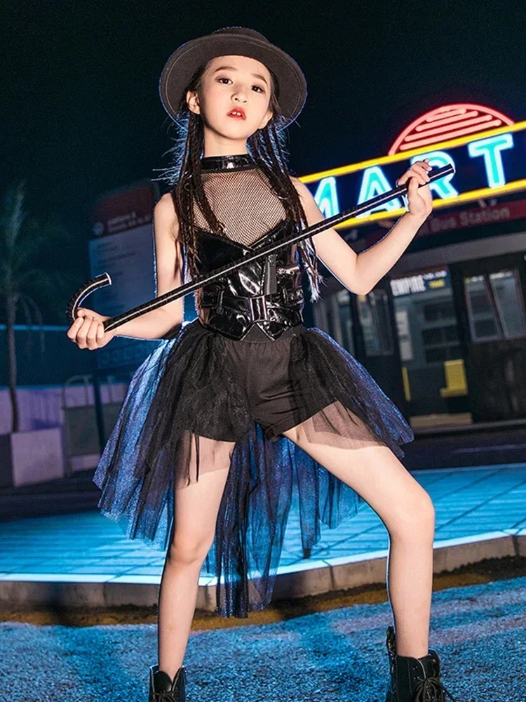 Kids Jazz Clothes Girls Hip Hop Suit Modern Street Dance Black Mesh Leather Dress New Girls Catwalk Model Stage Costumes