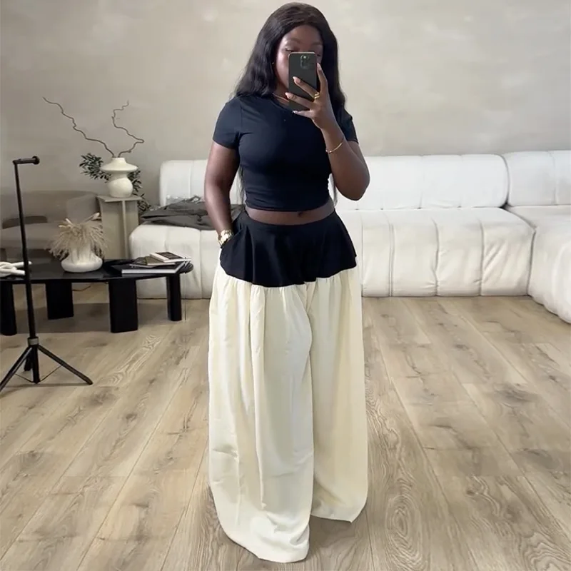 

2025 Summer New Women's Two-piece Slim Fit Short Top, Wide Leg Contrasting Long Pants Set