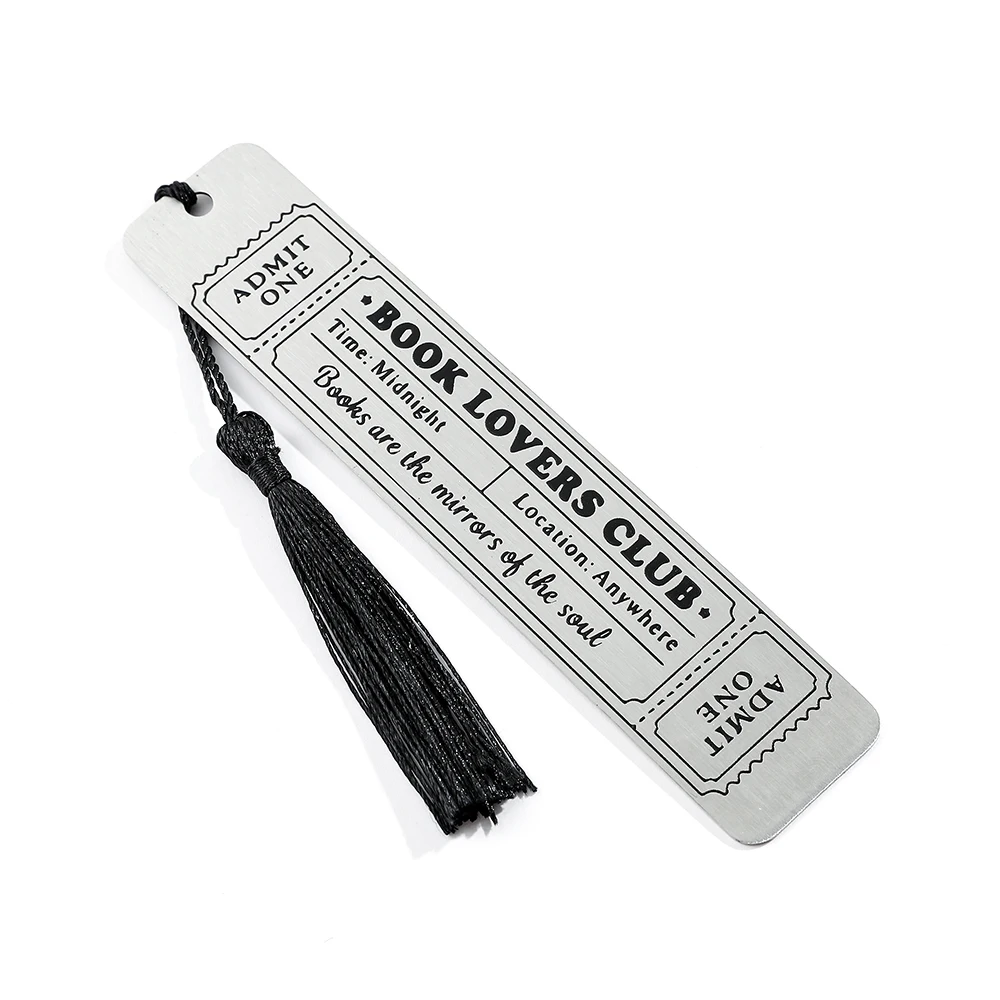스테인리스 스틸 '책 애호가 클럽' 북마크 블랙 태슬 포함 - 티켓 스타일 디자인, 책 애호가 및 선물용