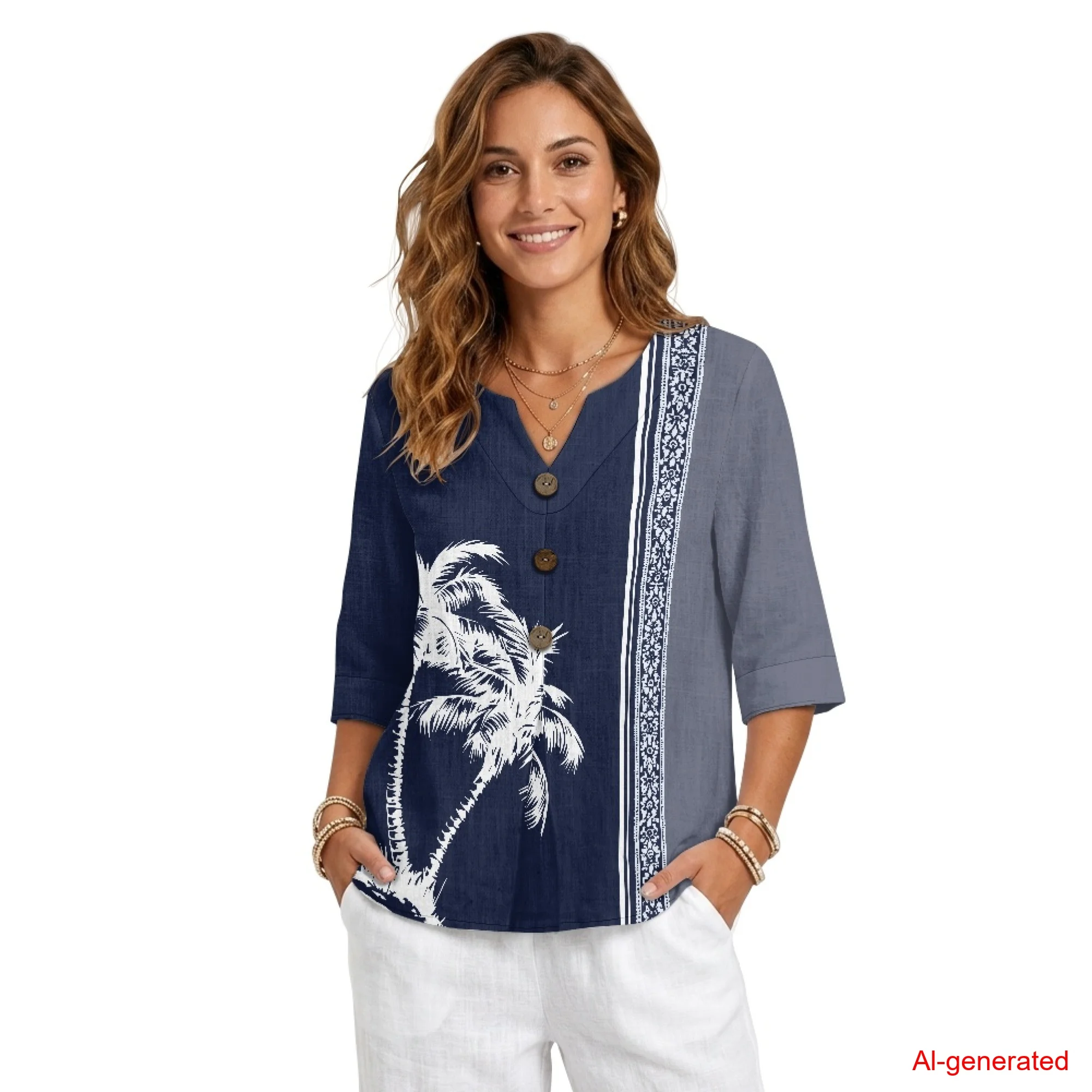 

INSTANTARTS Women's Linen Short-Sleeved Shirt Women’s V Neck Tee Top Trendy Womens Summer Tunic Top 3/4 Length Sleeve Shirt
