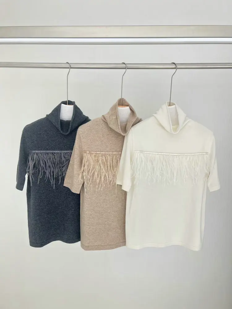 

Autumn New Women Feather Spliced Sweater Half High Collar Short Sleeve Solid Color Elegant Cashmere Knitted Pullover