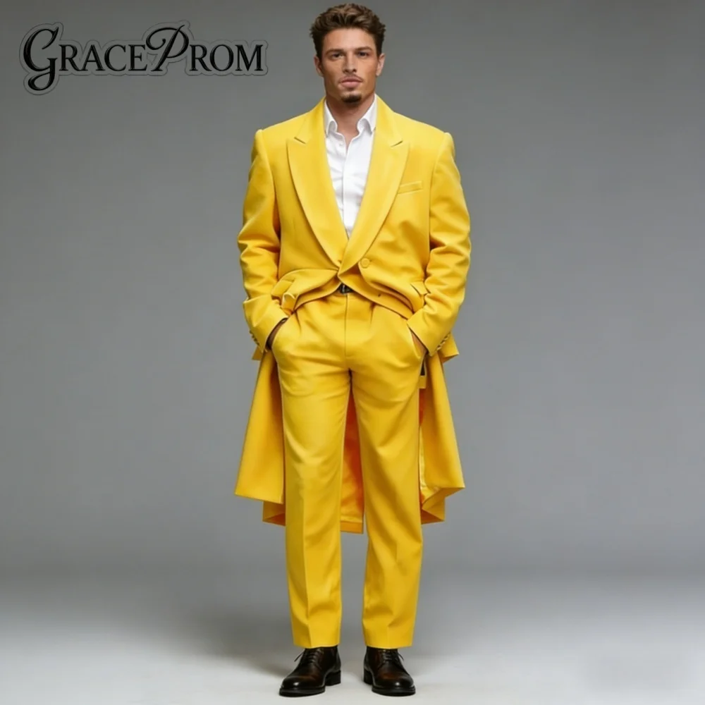 

Premium Yellow Peak Lapel Men’s 2PCS Long Coat Suit 2026 Formal Wedding Groom Outfit Includes Long Jacket Pants Customized