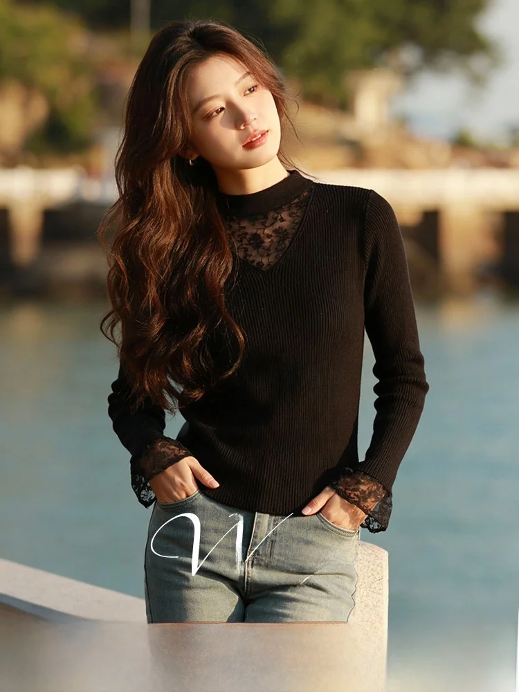 

Winter New plus Size Lace Splicing Fake Two-Piece Design Slim Knitted Top for Women Casual Sle Polyester Fiber Long Sve